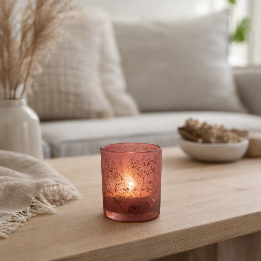 Lanterne J-Line Flowers - verre - rouge/or - petite en situation
