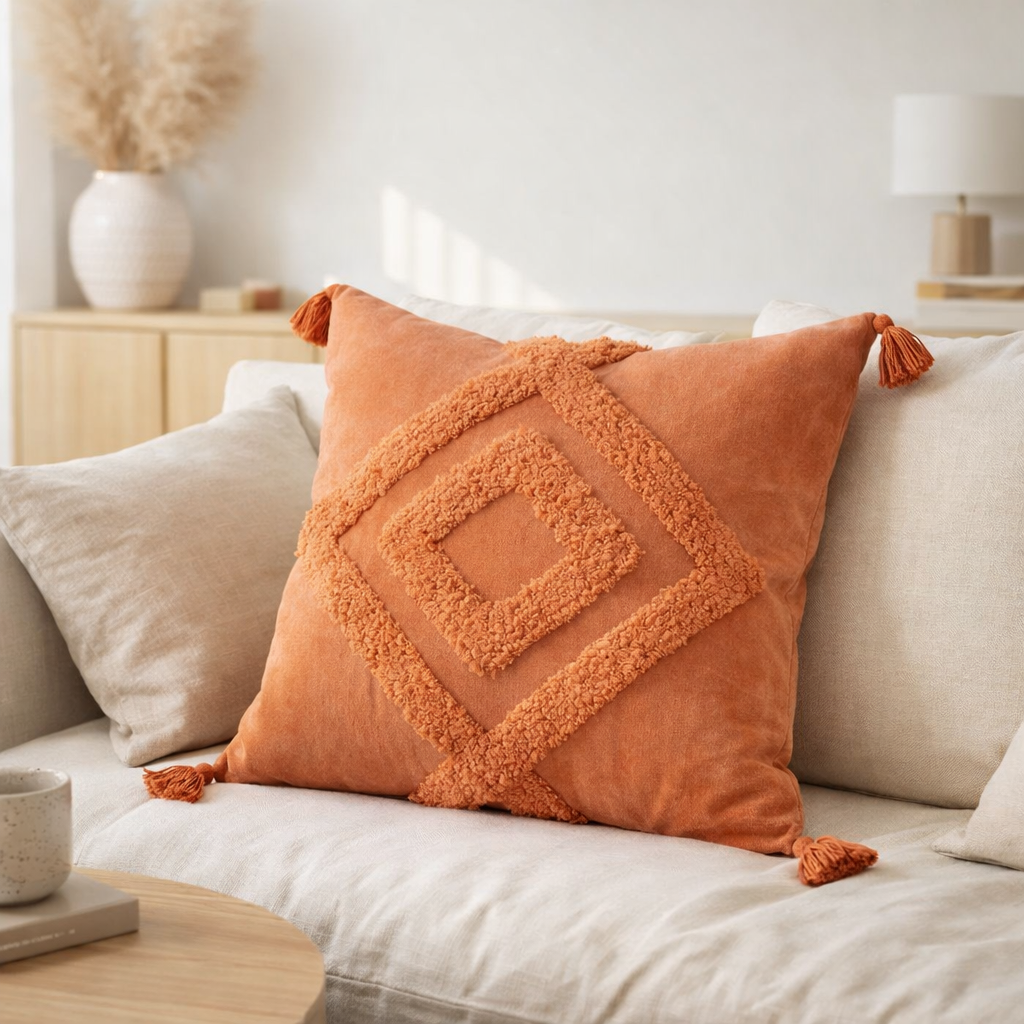 Coussin J-Line Motif U - coton - corail en situation