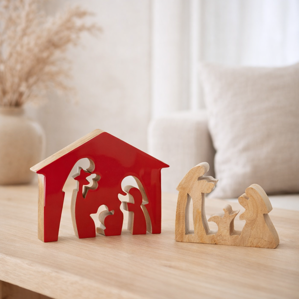 J-Line décoration Crèche dans la maison - bois - rouge/naturel - L en situation