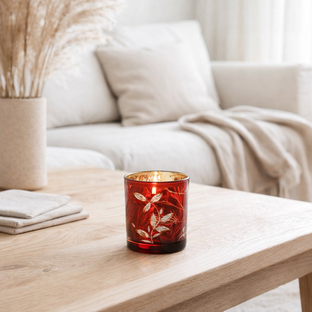 Lanterne J-Line Feuilles - verre - rouge/or - petite en situation