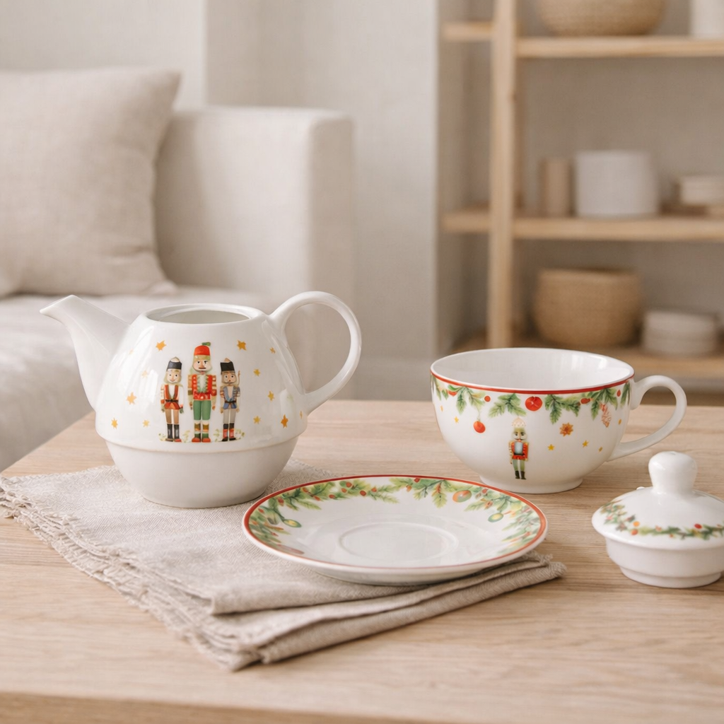 Théière J-Line Casse-Noisette - céramique - blanc - coffret cadeau en situation