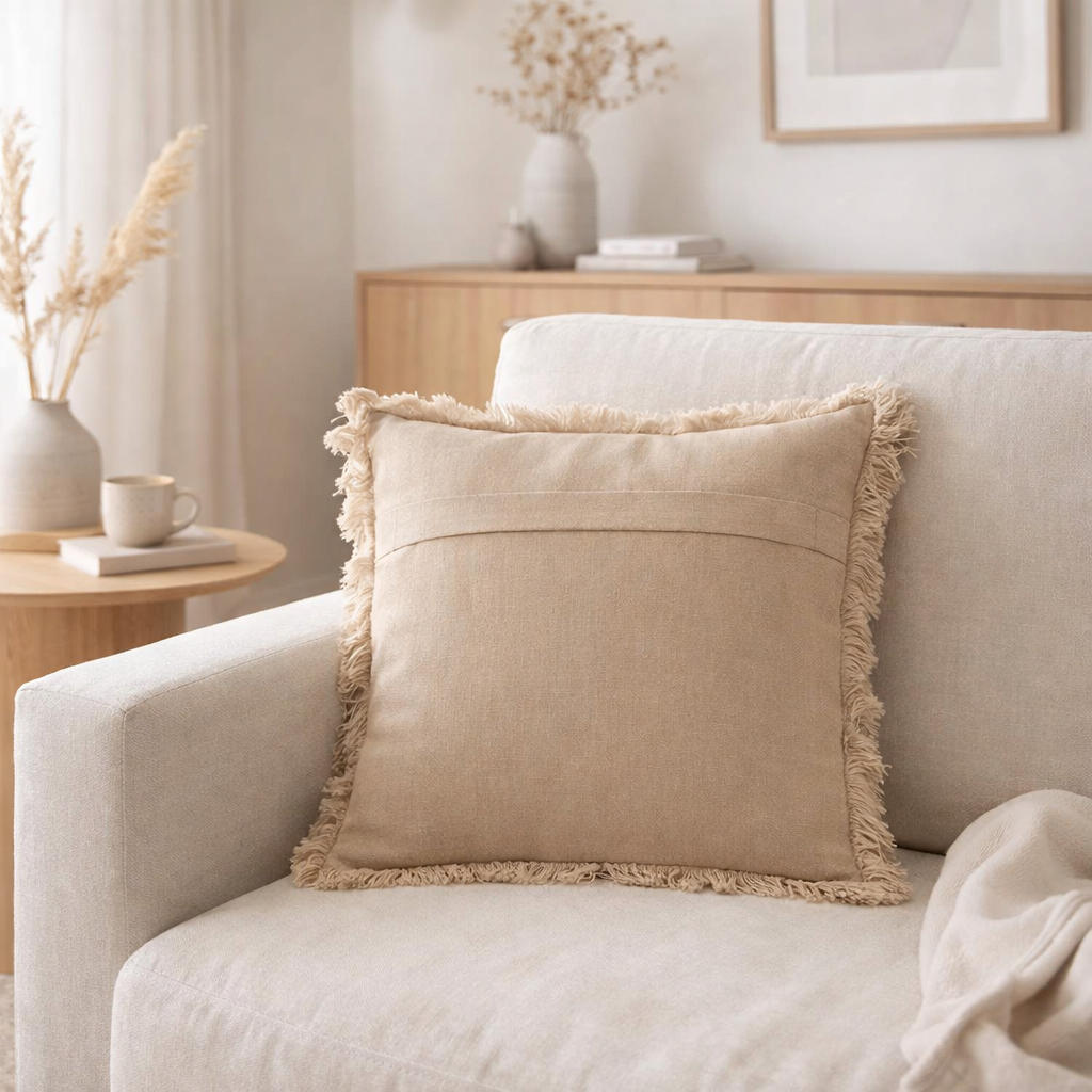 Coussin J-Line Franges - mousseline de coton - beige foncé en situation