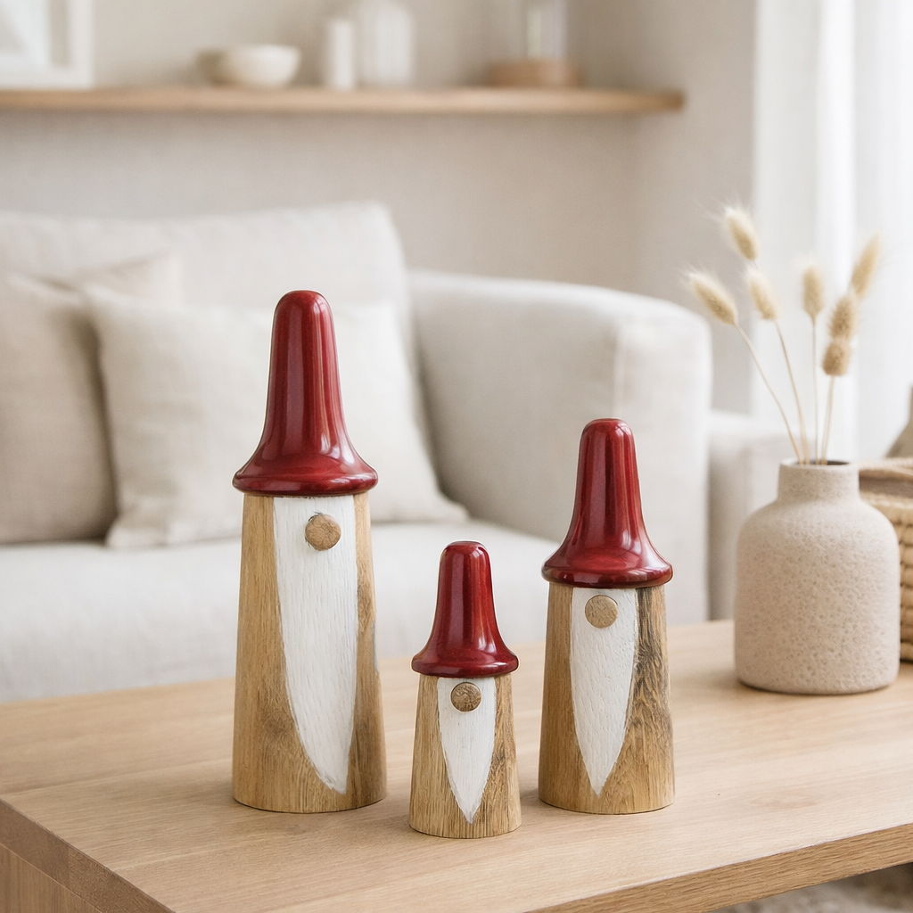 J-Line décoration Gnome Mushroom - bois - naturel/rouge - 3 pièces en situation