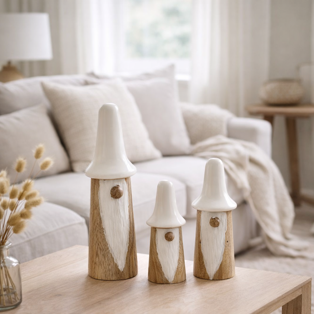 J-Line Lot de 3 Nains Champignons Bois Naturel/Blanc en situation
