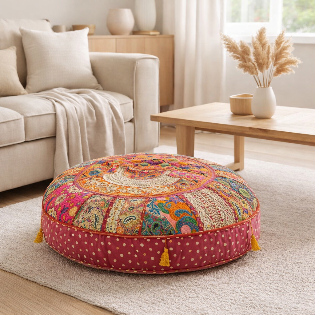 J-Line Pouf Rond Motifs Plats + Pompons Coton Rose en situation