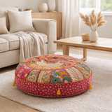 J-Line Pouf Rond Motifs Plats + Pompons Coton Rose en situation