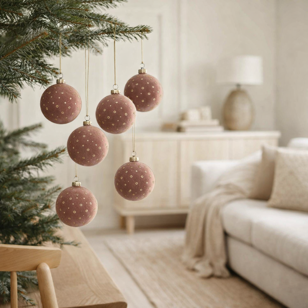 J-Line Boule de Noël Dots - velours - rose clair/or - boîte de 6 en situation