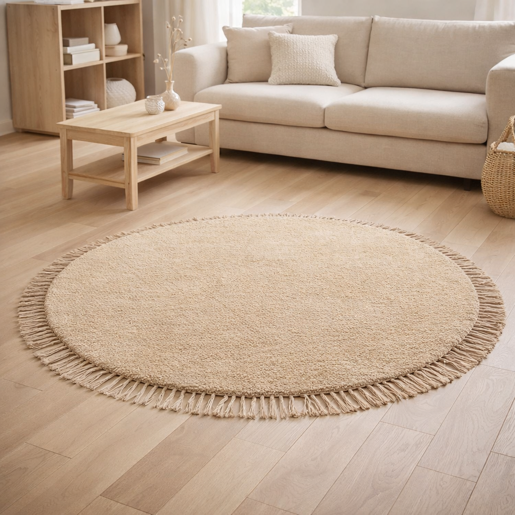 Tapis J-Line Rond + Franges - coton - beige en situation