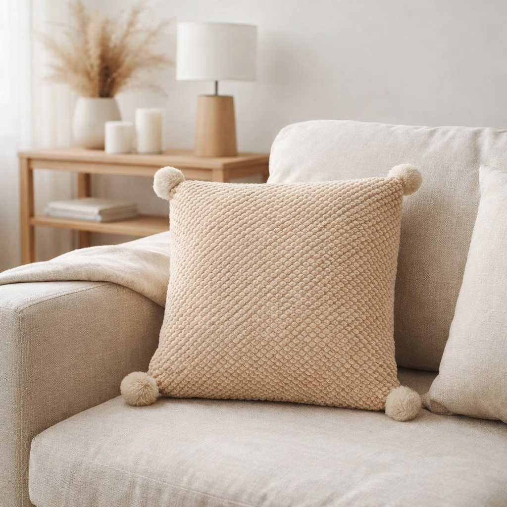J-Line coussin Soft Pompoms - polyester - beige en situation