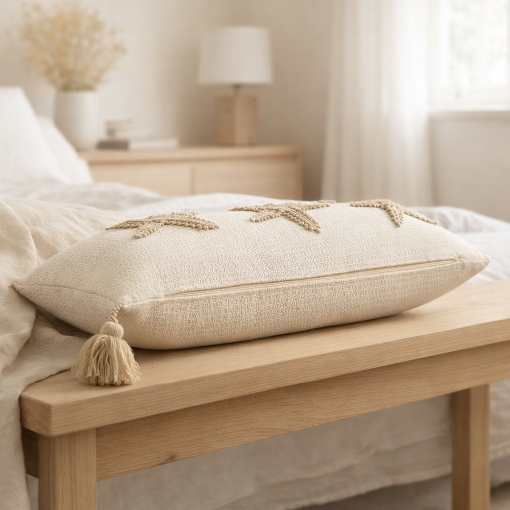 J-Line coussin Étoile de mer + Pompons - coton - crème/beige en situation