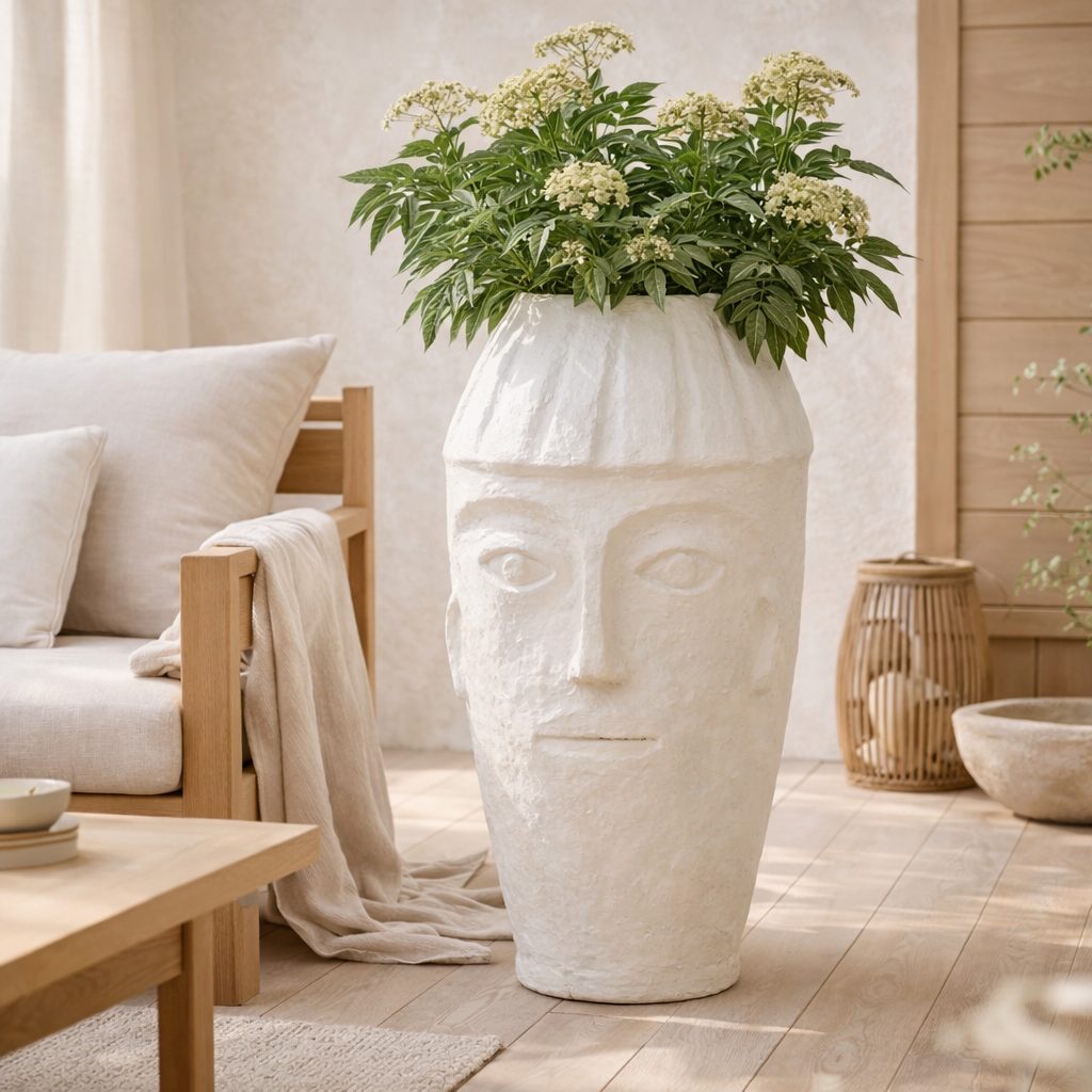 J -line Flowerpot Face - Paper Mache - blanc - 95 cm de haut en situation