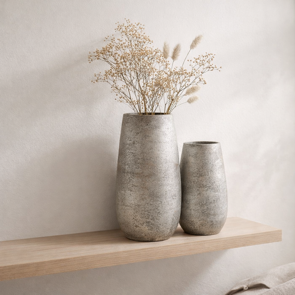 J-Line Vase Céramique Brute Inégale Argent Large - 41 cm de haut en situation