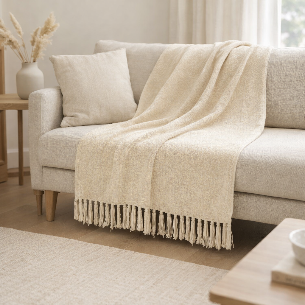 Couverture J-Line Chenille - polyester - écru en situation