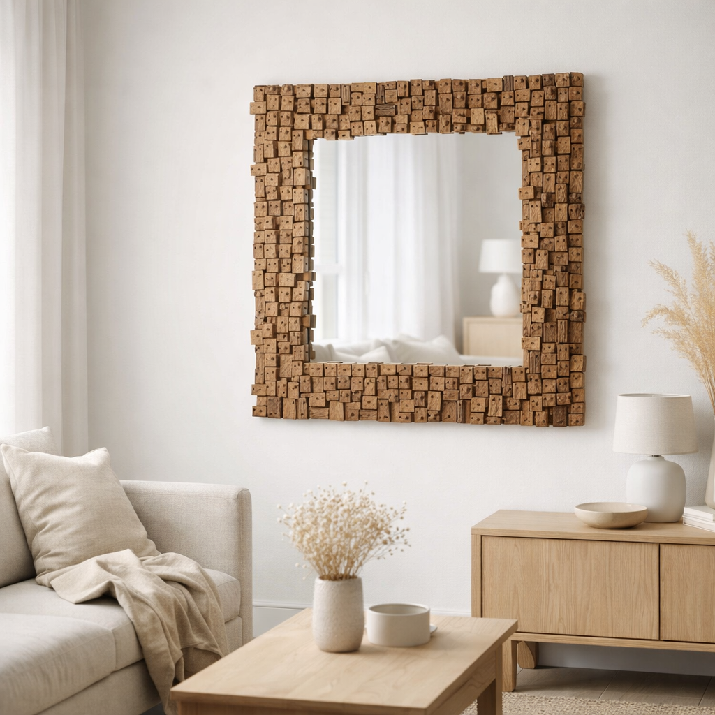 J -line Spiegel Syma - Hout / Spiegel - Naturel - Small - 90 x 90 cm en situation