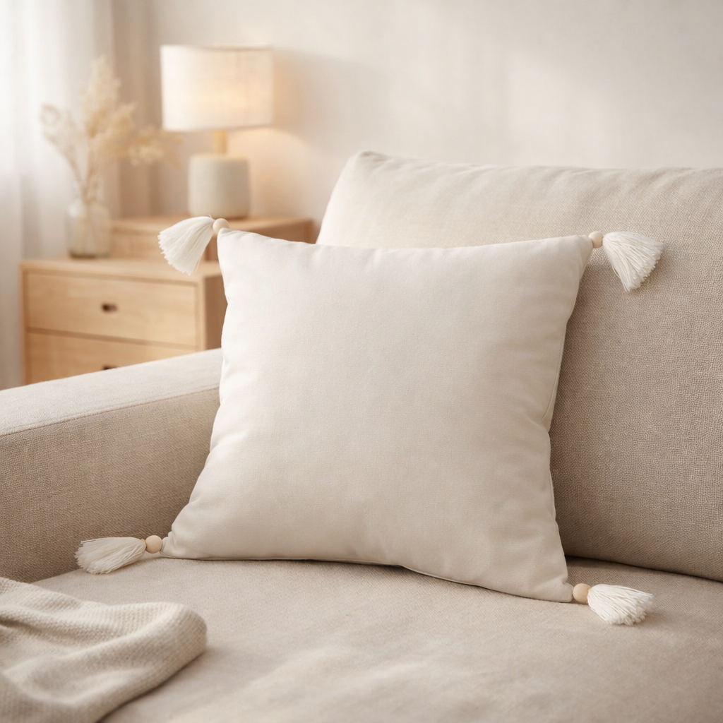 J-Line coussin Flocon de neige + Pompons - coton - blanc/beige en situation