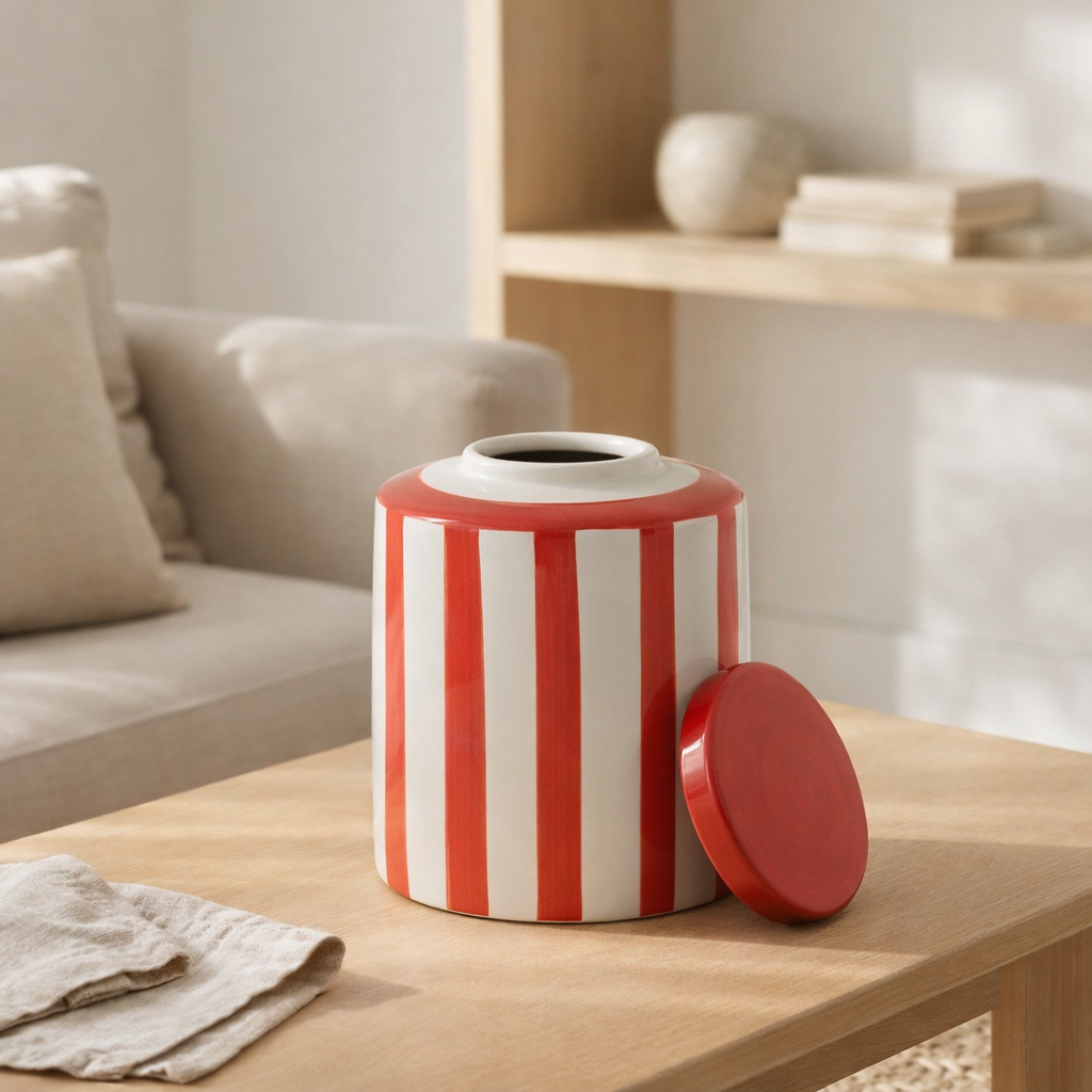 Urne J-Line Listra Stripes - porcelaine - rouge/blanc en situation