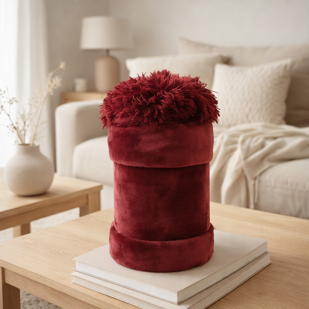 Pompon à carreaux J-Line - polyester - rouge - 170 x 130 cm en situation
