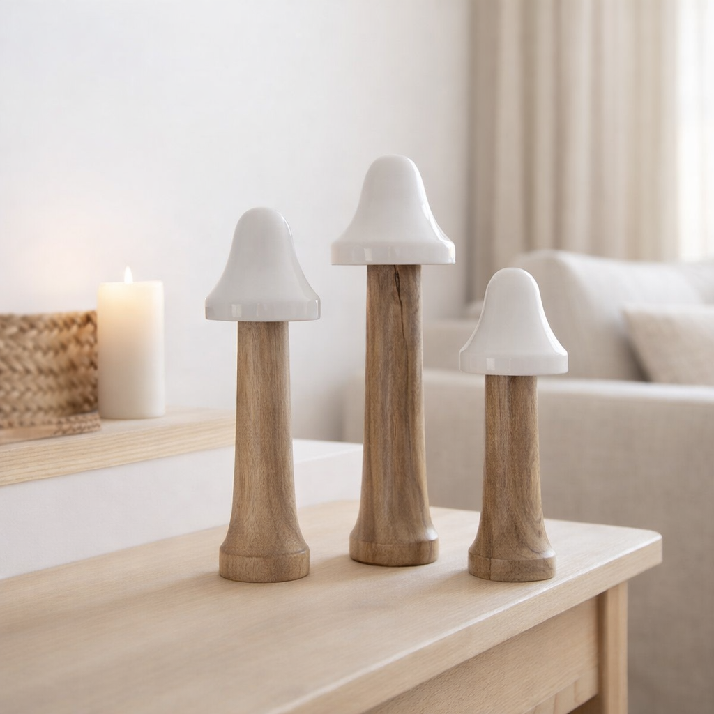 J-Line décoration Mushroom Thin - bois - naturel/blanc - 3 pièces en situation