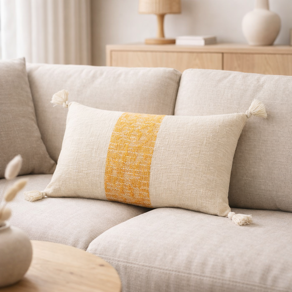 Coussin en j-line Stripes rectangle + pinceau coton blanc / orange en situation
