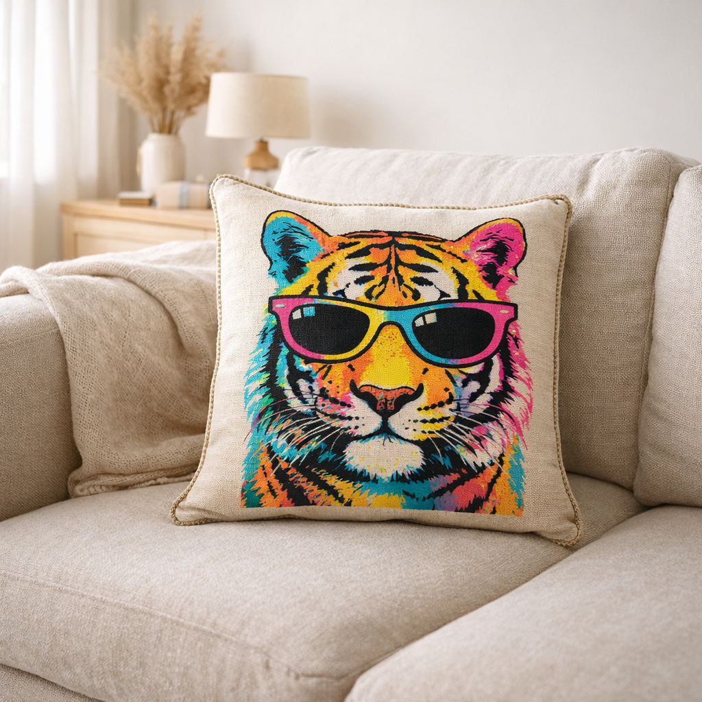 Coussin J-Line Tiger Pop Art - polyester/lin - mix en situation