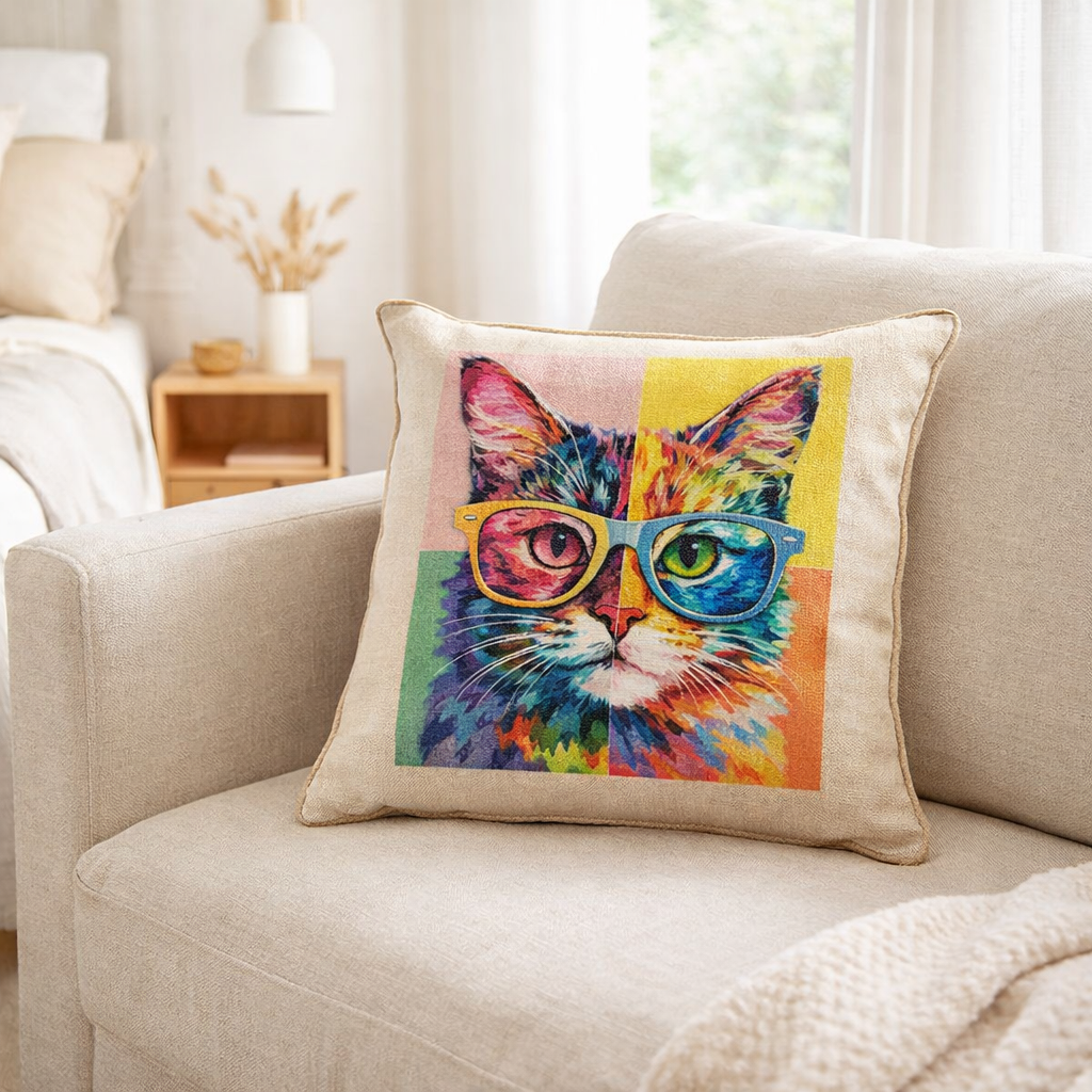 J-Line coussin Cat Popart - polyester/lin - mix en situation