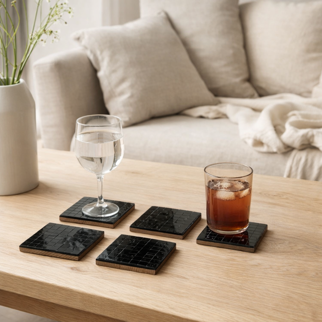 Dessous de verre J-Line - verre - noir - lot de 4 en situation