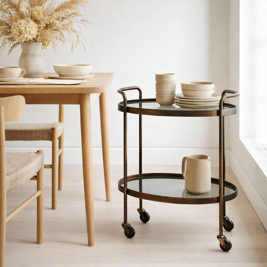 Chariot de service J-Line Oval 2 niveaux - fer/verre - noir/bronze en situation