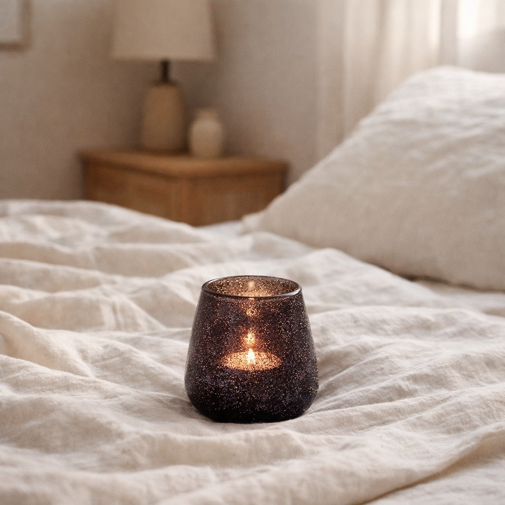 Photophore J-Line Glitter - verre - violet - petit en situation