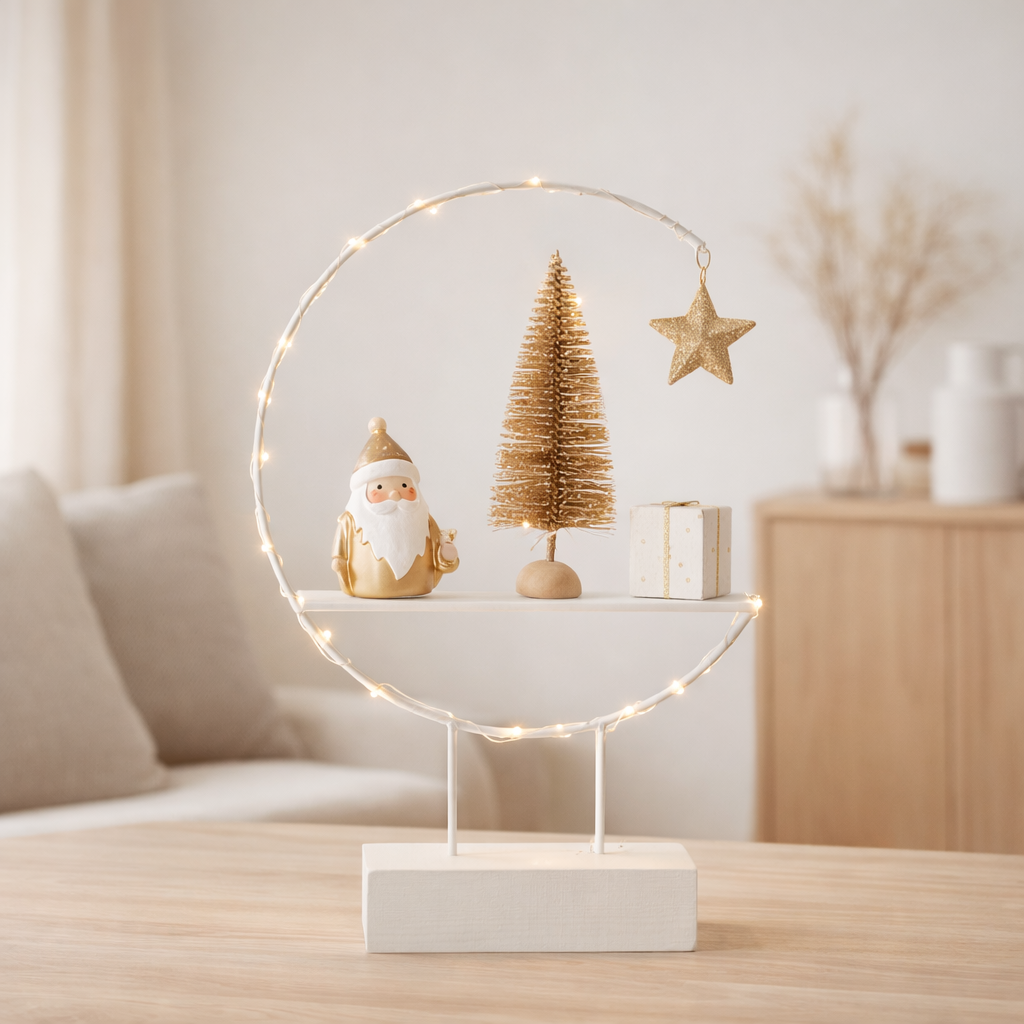 J-Line Demi-Cercle Sur Pied + LED Père Noël Bois Blanc/Or en situation