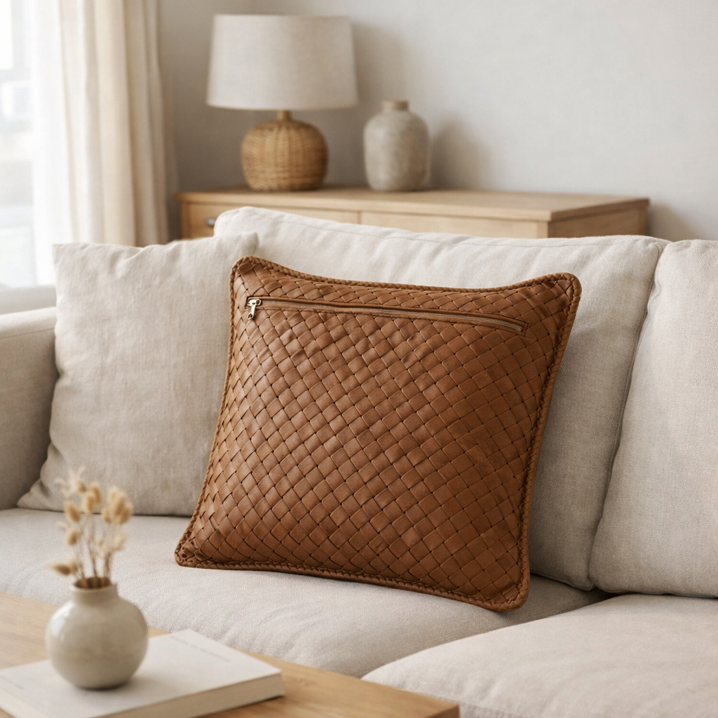 Coussin J-Line tissé - cuir - marron en situation