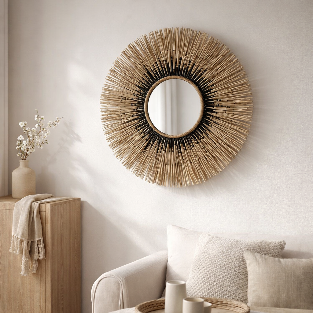 Miroir J-Line Melissa Paille - raphia - naturel/noir - petit en situation