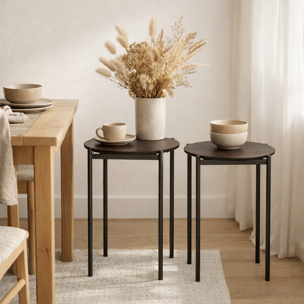 Table d'appoint J-Line Round - bois/métal - marron foncé - lot de 2 en situation