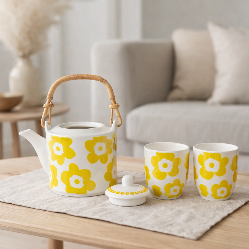 J-Line Coffret 3 Théières Coffret Fleurs Céramique Jaune en situation
