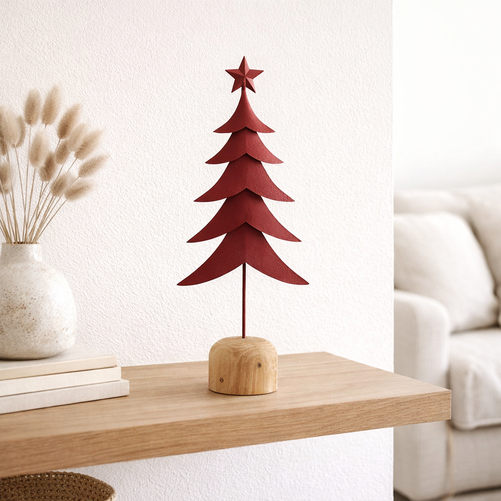 J - Decoration de ligne arbre de Noël à pied + étoile - métal / bois - rouge - l en situation