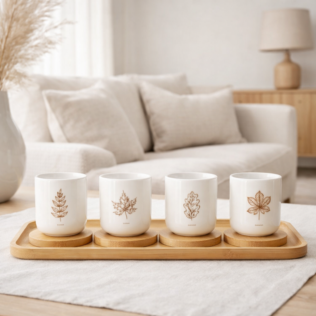 Sachet à café J-Line + soucoupe - coffret cadeau - céramique - marron - boîte de 4 en situation