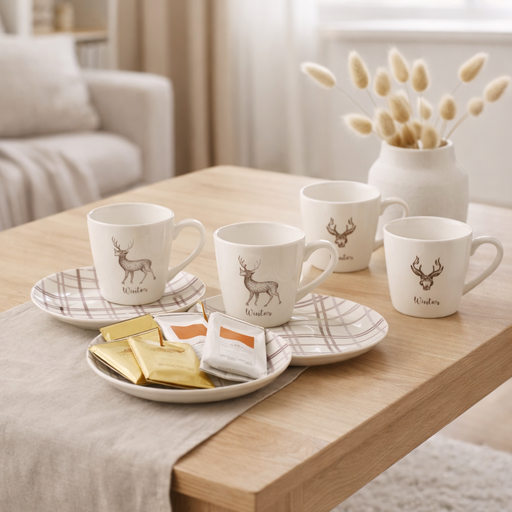 J-Line Coffret 4 Sachets de Thé + Plats Coffret Renne Céramique Blanc/Marron Large en situation