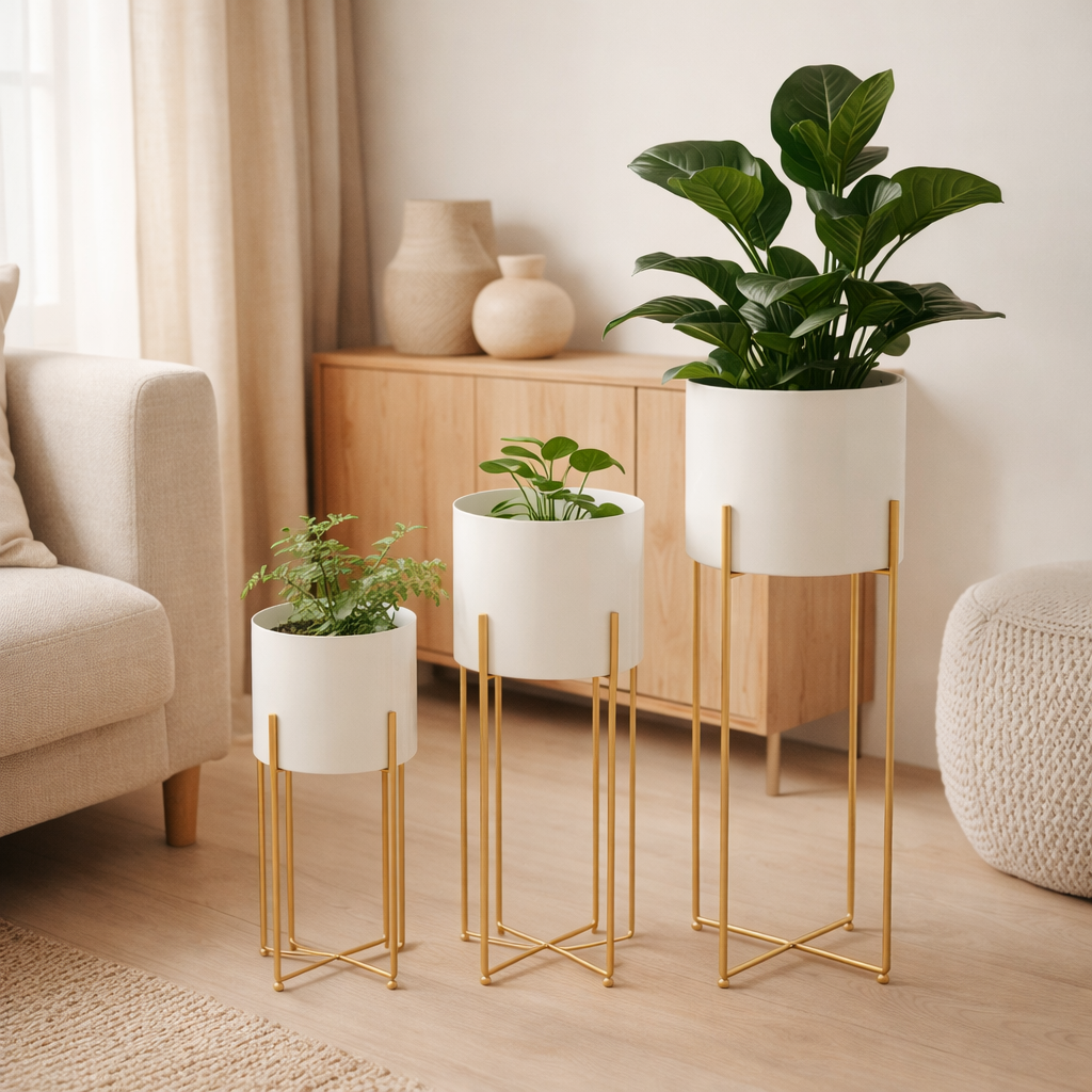 Pot de fleur J-Line Rond - fer - or/blanc - lot de 3 en situation