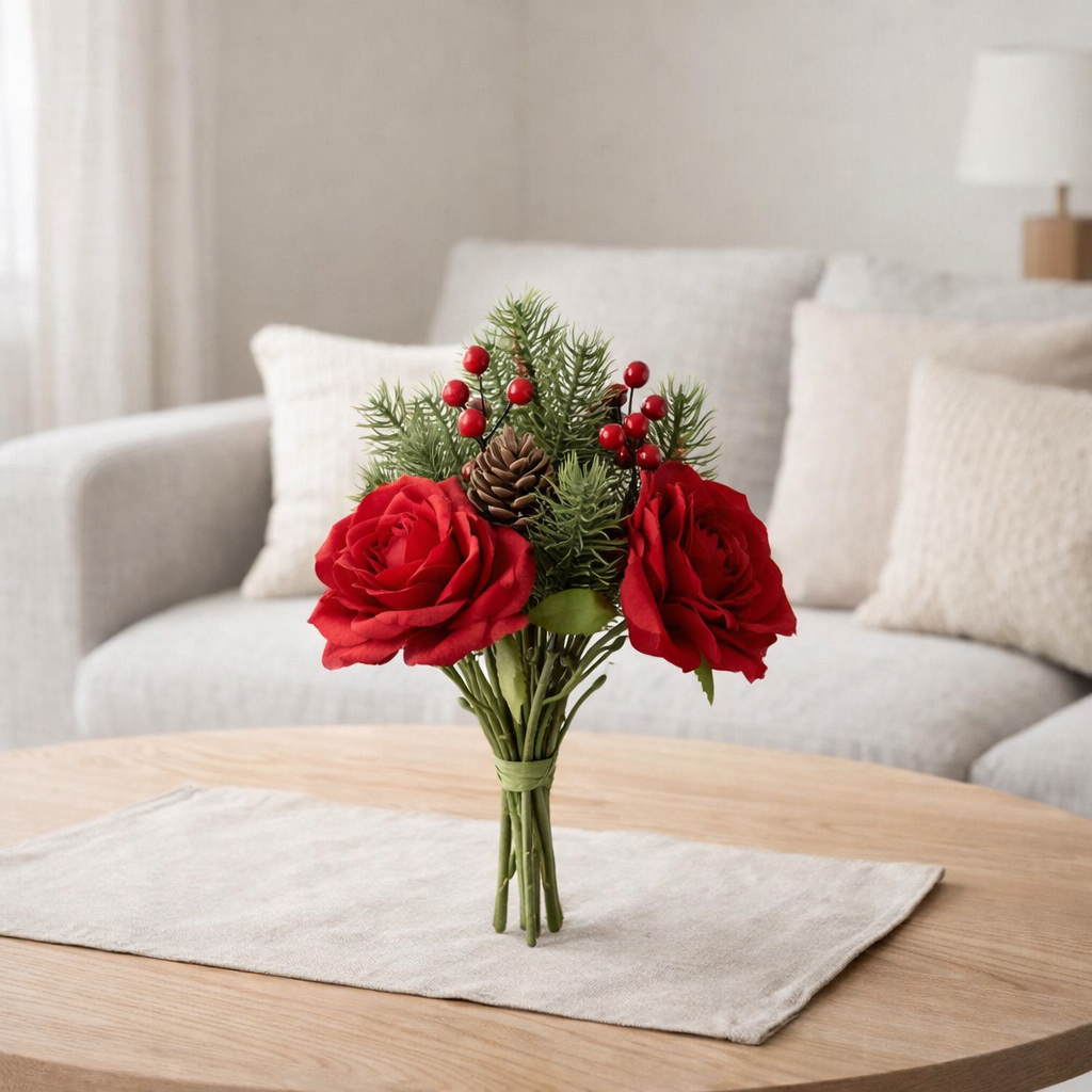 J -Liline Flower Rose / Berries / Pine Branch - Plastic - rouge / vert - petit en situation