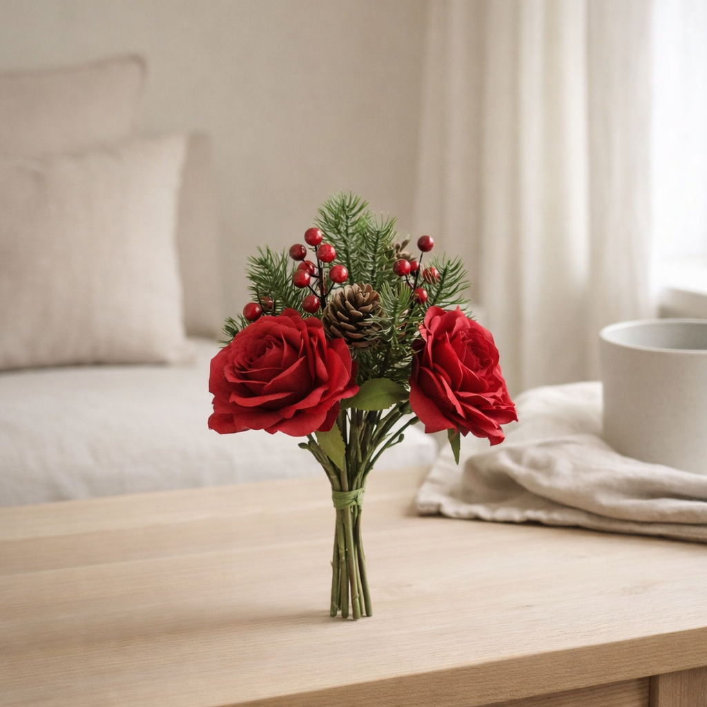 J -Liline Flower Rose / Berries / Pine Branch - Plastic - rouge / vert - petit en situation