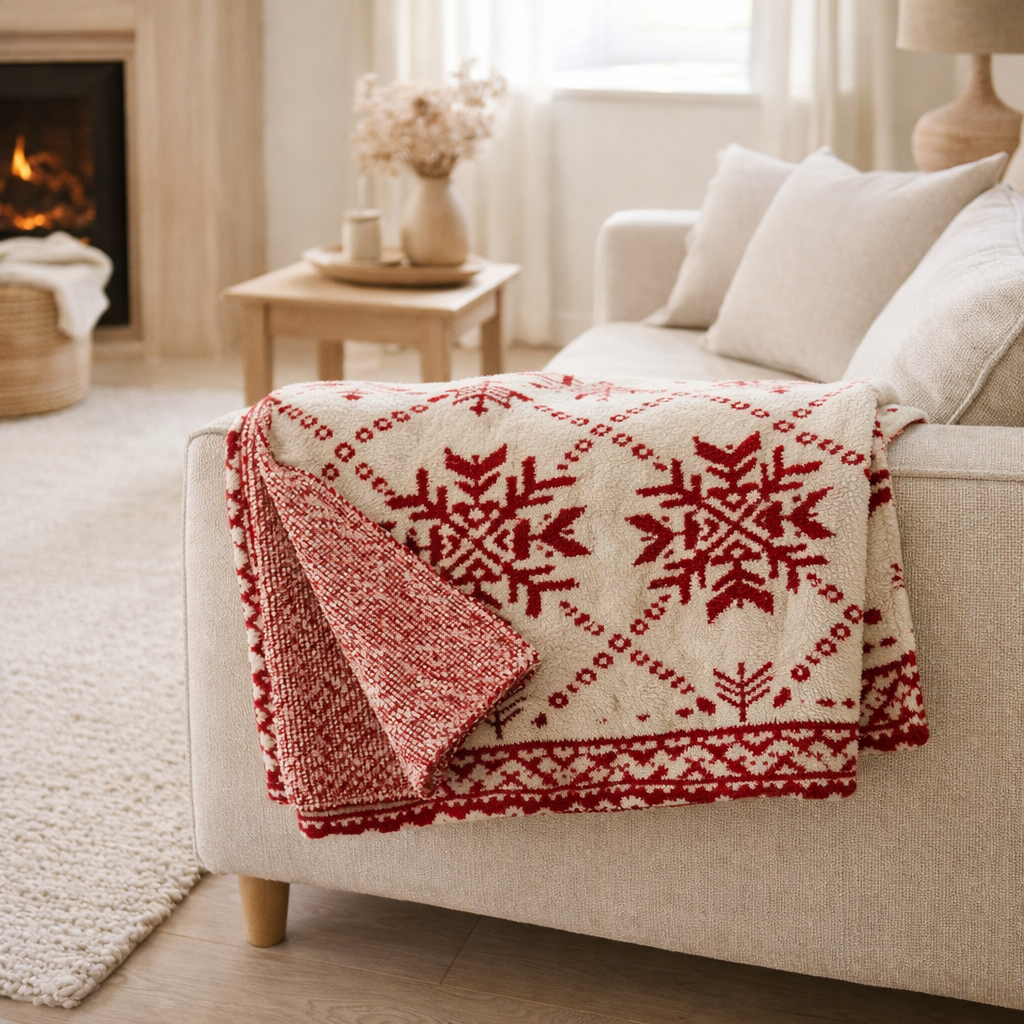Couverture J-Line Flocons de neige - coton - blanc/rouge en situation