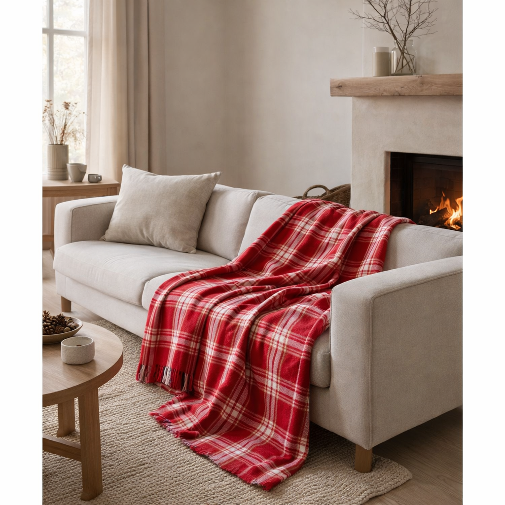 Plaid J-Line à carreaux - coton - Noël rouge/blanc en situation