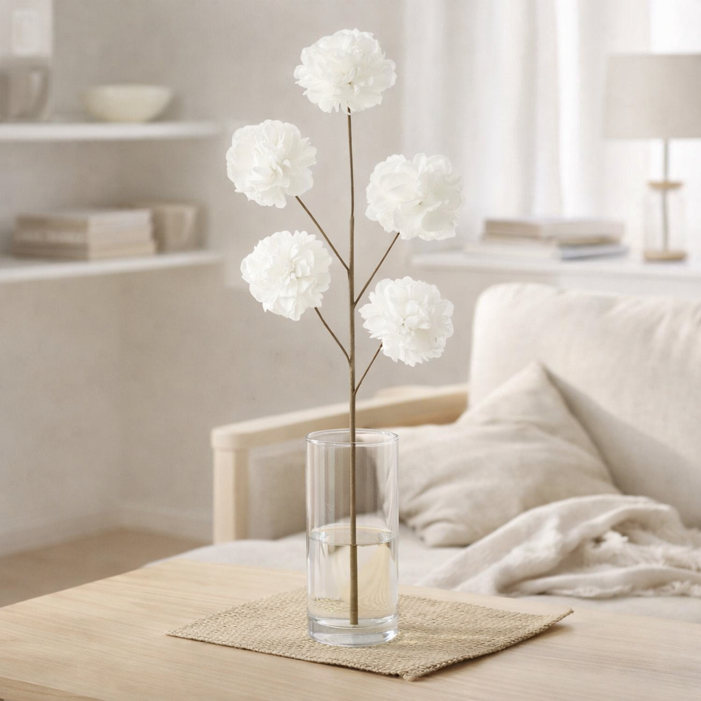 Branche fleurie J-Line 5 pompons Eva - plastique - blanc en situation