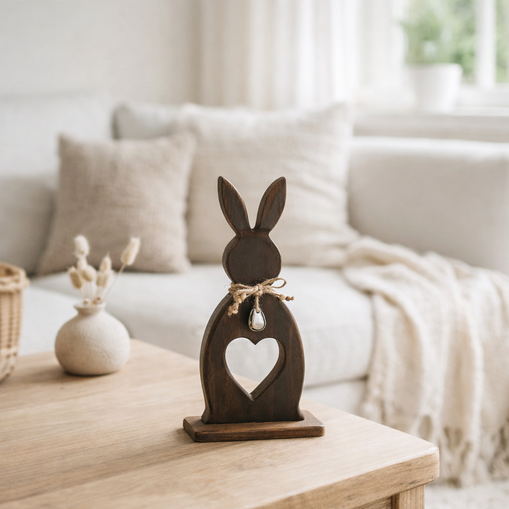 J-Line décoration Lapin Coeur + Oeuf - bois - marron foncé - petit en situation