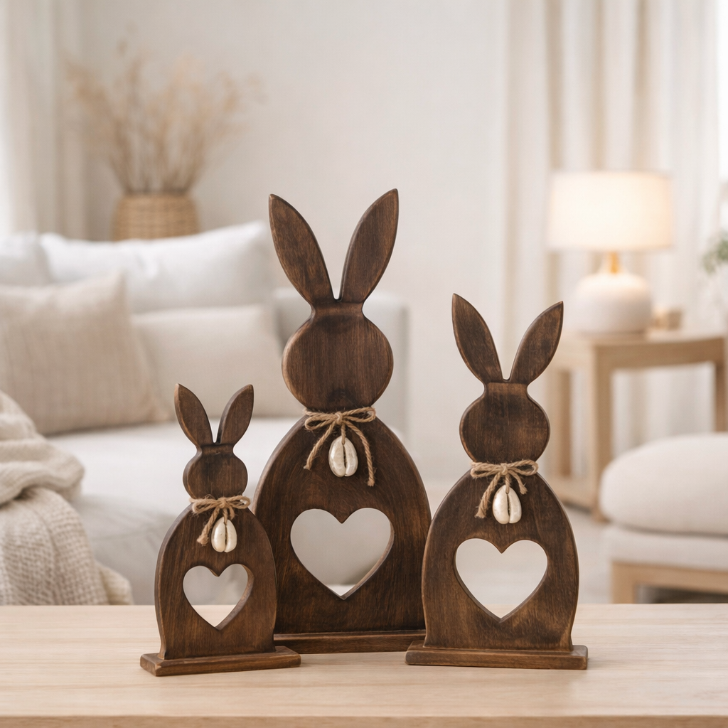J-Line décoration Lapin Coeur + Oeuf Mangue - bois - marron foncé - grand en situation