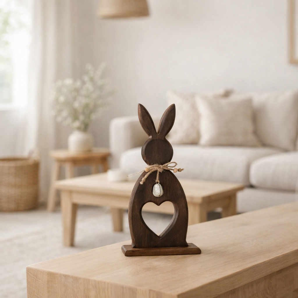 J-Line décoration Lapin Coeur + Oeuf - bois - marron foncé - petit en situation