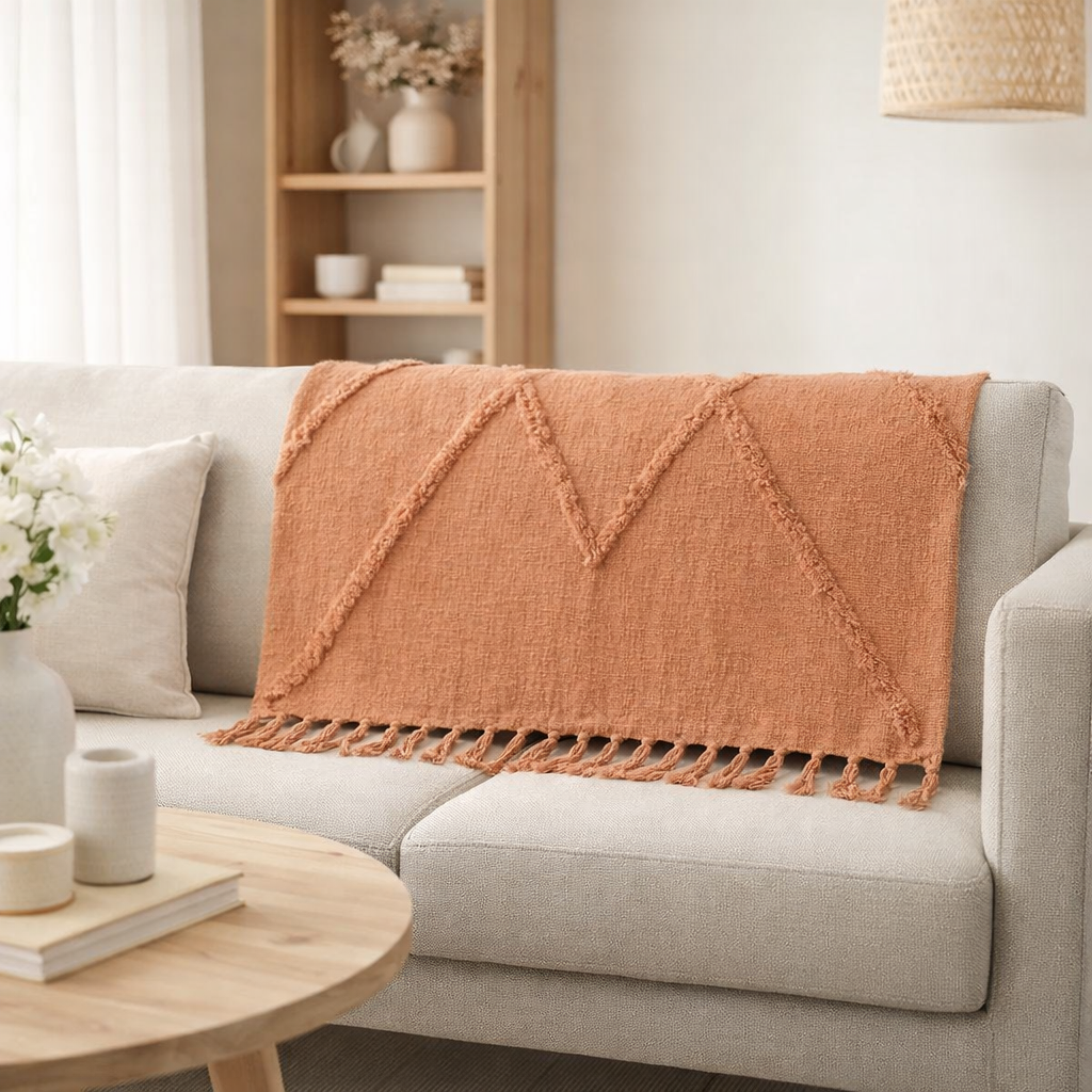 J-Line plaid Kwastjes - katoen - zalm - 190 x 56 cm en situation