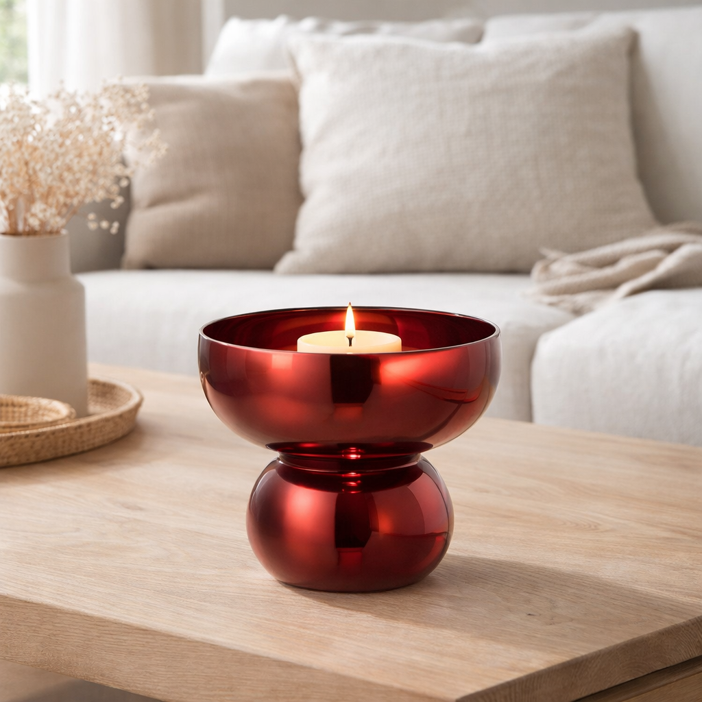 J-Line Lanterne Sur Base Verre Arrondi Rouge Foncé en situation