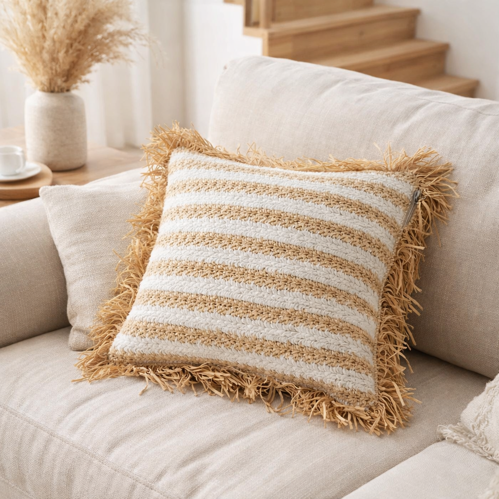 J-Line coussin Rayures Franges Mendong - coton - blanc en situation