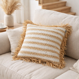 J-Line coussin Rayures Franges Mendong - coton - blanc en situation