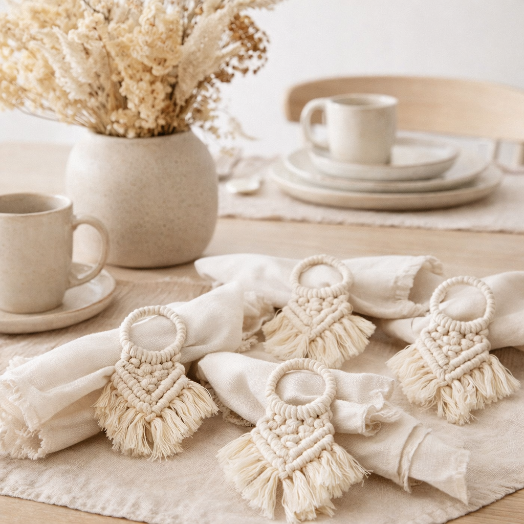 Ensemble en j-line de 4 servants macramés polyester beige en situation